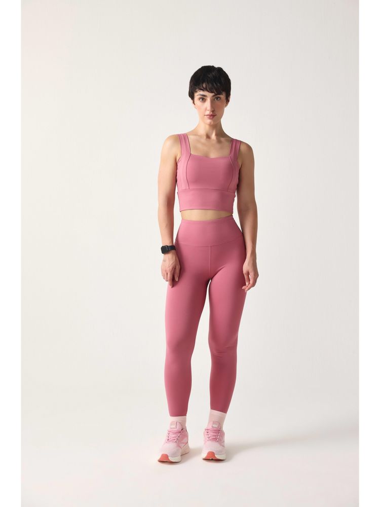 Sawsee Pink Polyester Crepe Solid Sports Bra with Tights-image-4