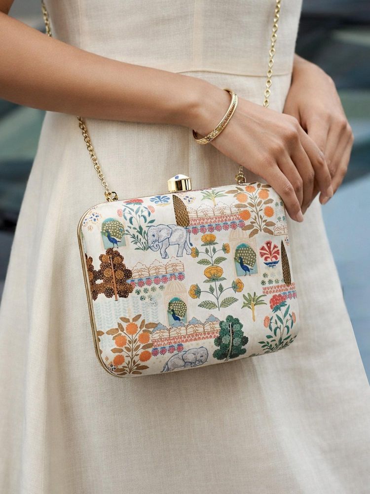ARTKLIM White Theme Botanic Portrait Printed Clutch with Detachable Chain-picture-41