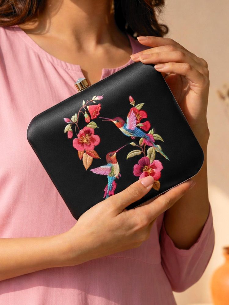 ARTKLIM Black Based Bird And Flowers Printed Clutch with Detachable Chain-picture-48