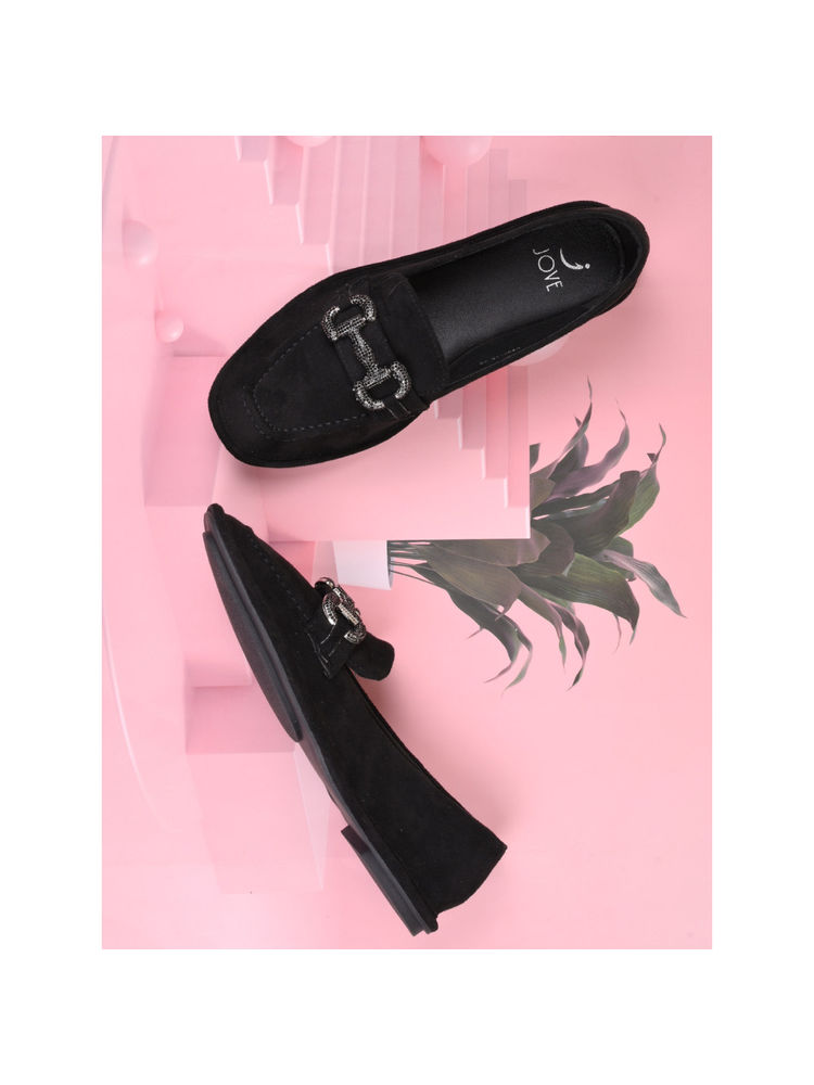 Jove Women Black Solid Loafers-image-12