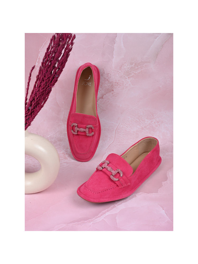 Jove Women Fuchsia Pink Solid Loafers