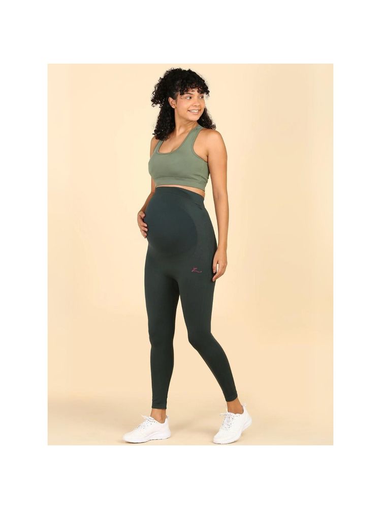 Zelena Women Solid Polyamide Pregnancy Legging Seamless with Pocket Green-image-28
