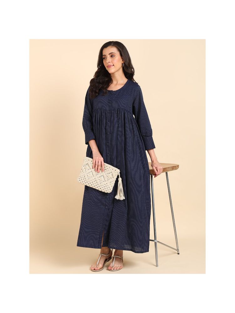 Zelena Women Stripes Maternity Feeding Maxi with Button & Pockets Navy Blue-image-38