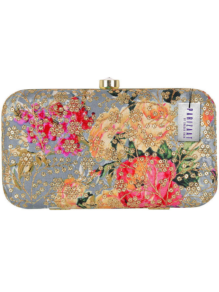 Parizaat By Shadab Khan Grey Floral Colorful Embroidered Clutch