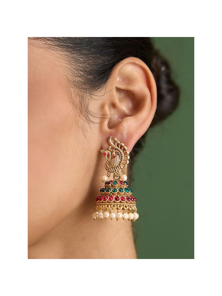 Fida Multi-Color Gold Peacock Multi Stone Temple Muhuratam Jhumkas Earrings for Women-picture-28