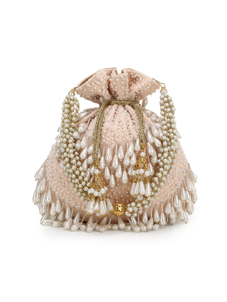 Anekaant Dangle Peach and Off White Velvet Pearl Embellished Potli