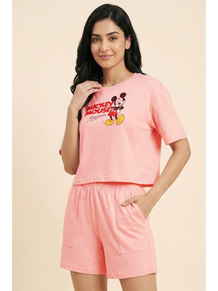 Zivame Mickey And Friends Knit Cotton Loungewear Shorts With T-Shirt - Gossamer Pink-picture-17