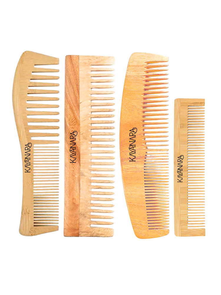 Kayanara Neem Wood Regular Wide Teeth Pocket C Shape Dual Teeth S Shape Dual Teeth Comb - Pack of 4-picture-28