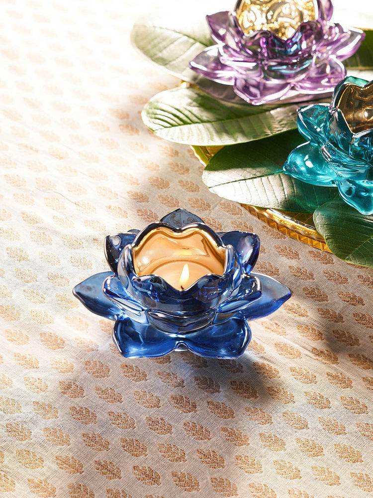 Pure Home + Living Navy Blue Glass Lotus Shaped Tealight Holders (Pack of 2)-picture-20