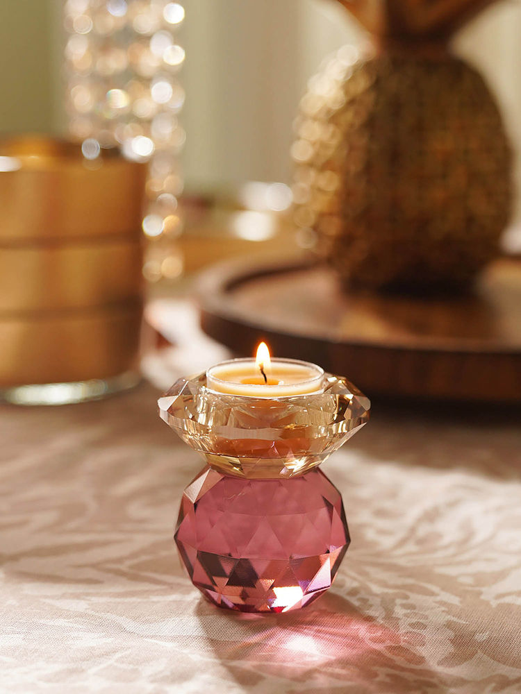 Pure Home + Living Amber & Pink Cut Glass Crystal Candle Holder-image-25