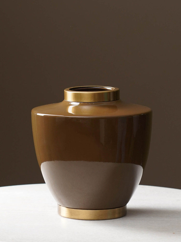 Pure Home + Living Brown Ceramic Bottleneck Vase with Gold Rim-image-17