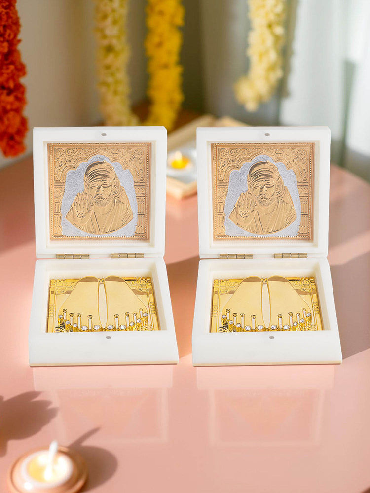 Golden Peacock Sai Baba White Blessing Box Compact Spiritual Pooja Box with Charan Padu (Pack of 2)-picture-20