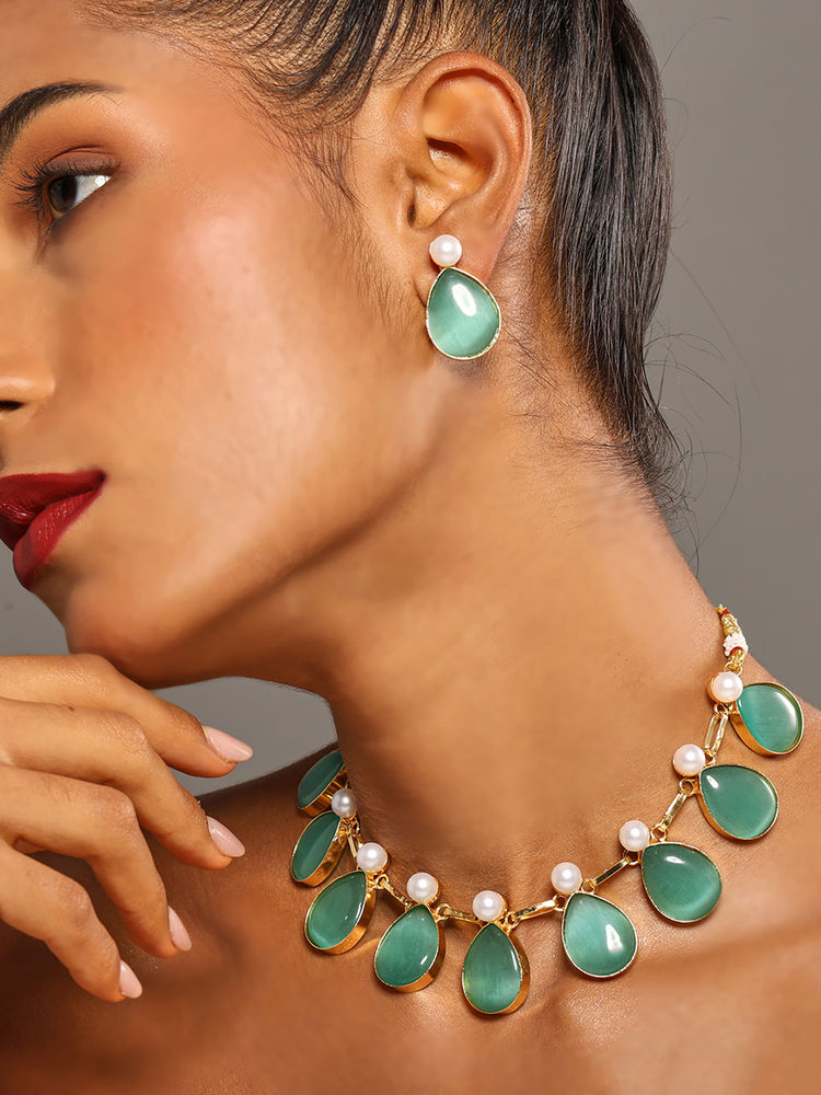 VENI 18K Gold Plated Light Green Stone and Beaded Jewellery Set-image-46
