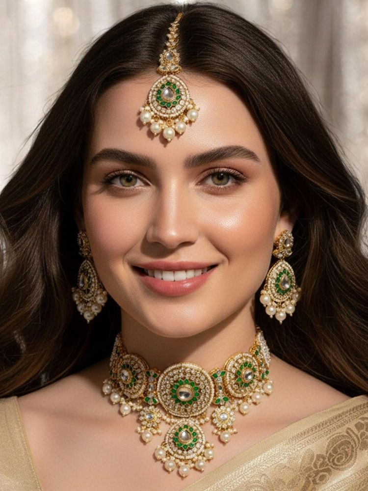 OOMPH Gold and Green Meenakari Kundan Choker Necklace Set - Jadau Patwa Work-image-37