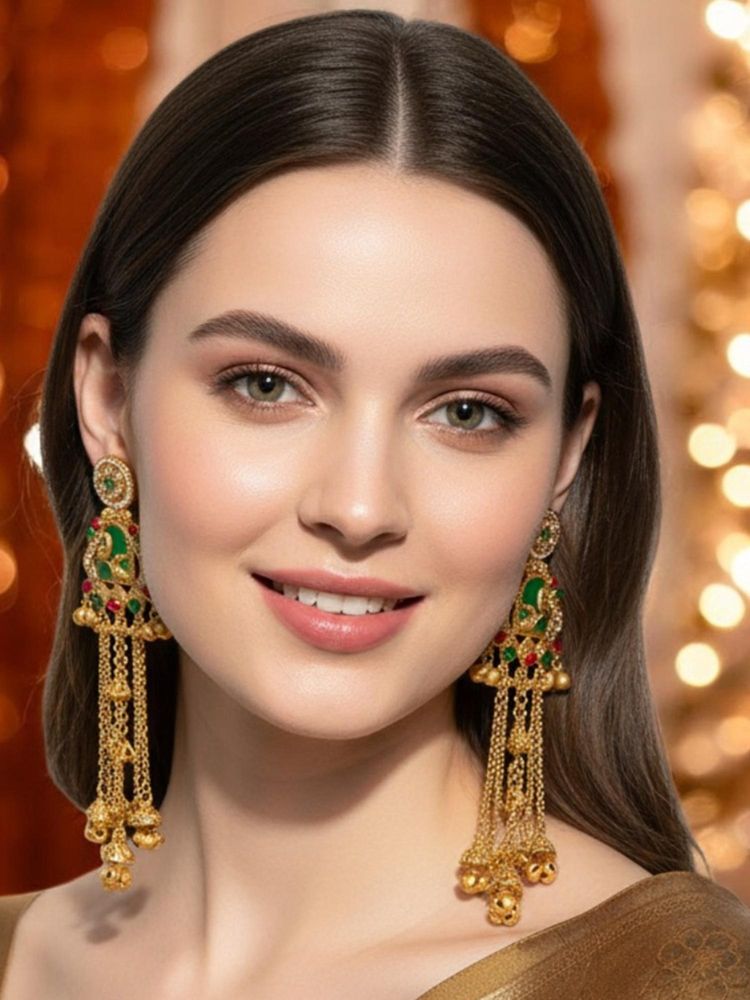 OOMPH Long Kashmiri Drop Earrings - Peacock Design with Ghungroo Detailing-image-7