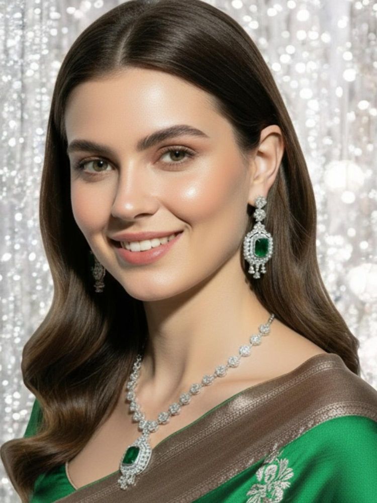 OOMPH Green American Diamond Pendant Necklace Set - Party-Wear-image-14