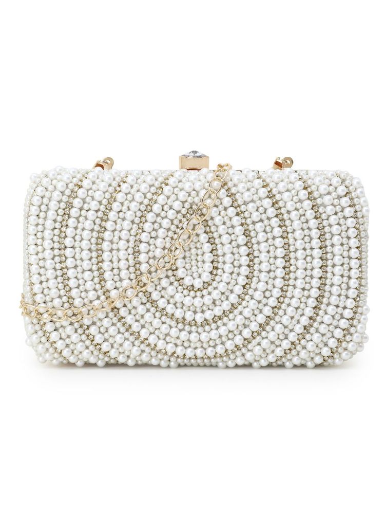 Anekaant Adorn White & Gold Faux Silk Embellished Pearl Work Box Clutch