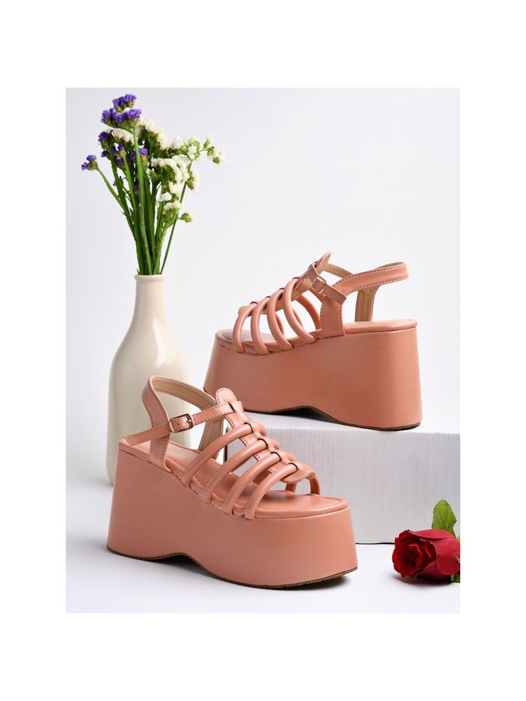 Shoetopia Multi Straps Casual Peach Platforms Heels for Women and Girls-picture-27