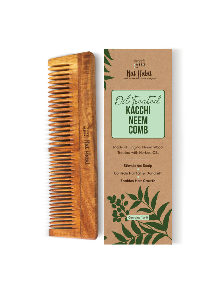 Nat Habit Oil Treated Kacchi Neem Ayurvedic Wooden Comb - Dual Tooth for Detangling & Frizz Control