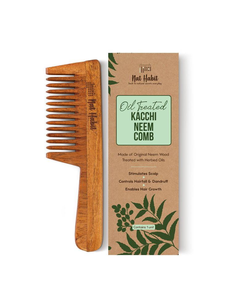 Nat Habit Oil Treated Kacchi Neem Ayurvedic Wooden Comb - Wide Tooth for Gentle Detangling