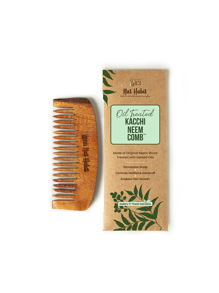 Nat Habit Oil Treated Kacchi Neem Handmade Wooden Comb - Wide Tooth Bounce Comb for Voluminous Hair