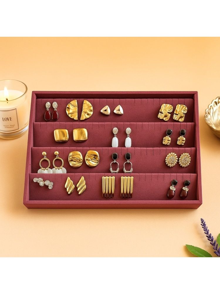 La Trove Premium Maroon Velvet 4 Section Earrings Organiser Display Tray-picture-25