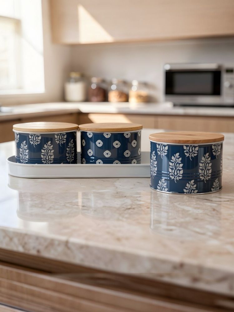 VarEesha Blue Printed Airtight Metal Containers with Lid & Tray (Pack of 3)-picture-11