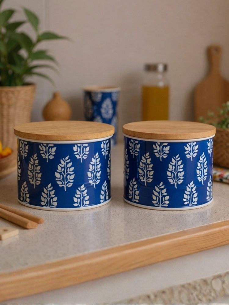 VarEesha Blue Paisley Leaf Printed Airtight Metal Containers with Lid (Pack of 2)-picture-19