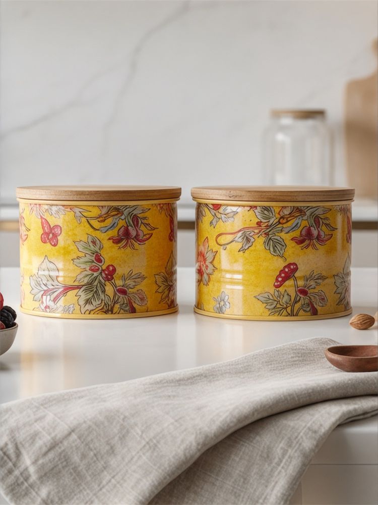 VarEesha Yellow Floral Printed Airtight Metal Containers with Lid (Pack of 2)-picture-27