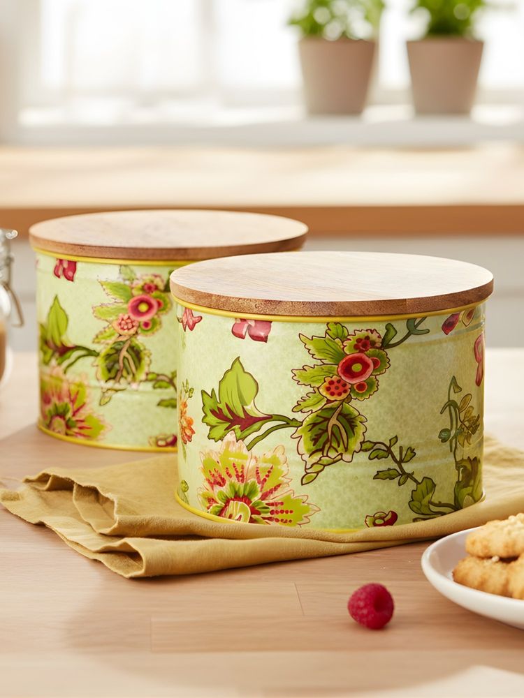 VarEesha Green Floral Printed Airtight Metal Containers with Lid (Pack of 2)-picture-23