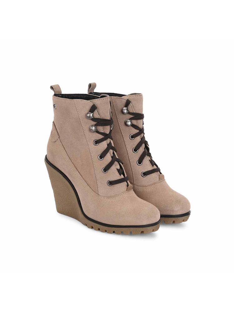 Delize Women Beige Suede Round Toe High Top Casual Boots-picture-11