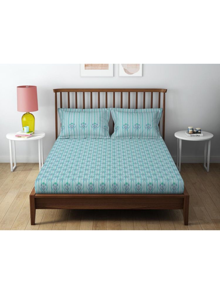 SPACES Cotton 132 Tc Breathable Fabric Soft Bed Sheets with 2 Pillow Covers (Light Aqua) (Queen)-image-2