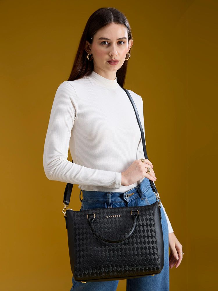 Caprese Women Maddy Black Textured Handbag with Detachable Strap-picture-16