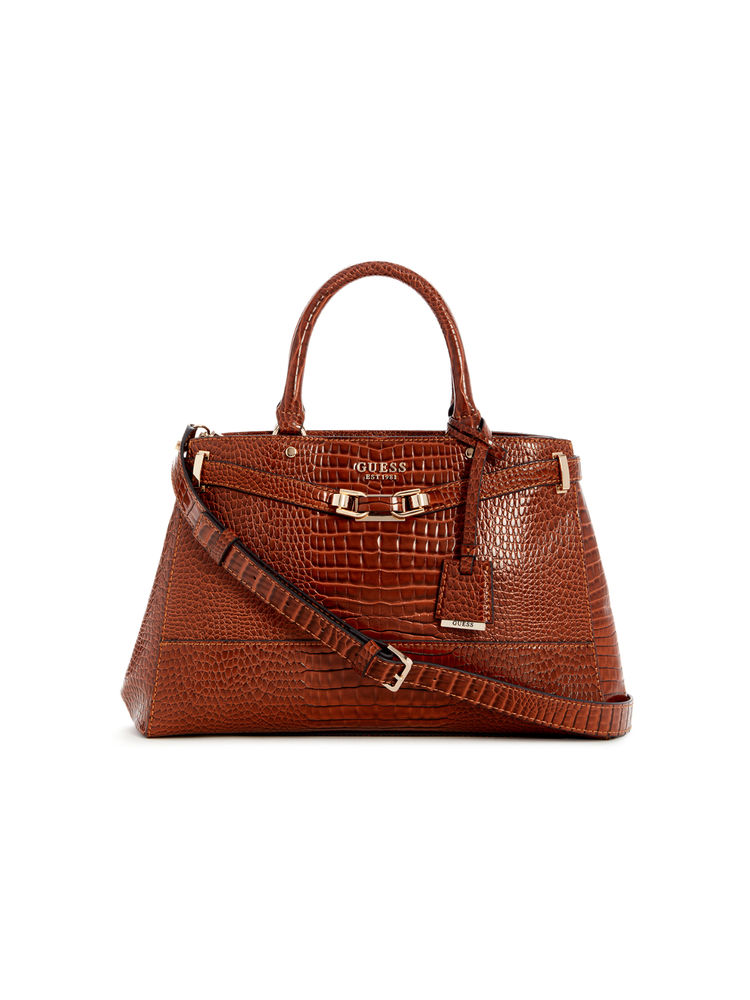 Guess Brown Textured Sylvie Luxury Satchel Bag-image-20