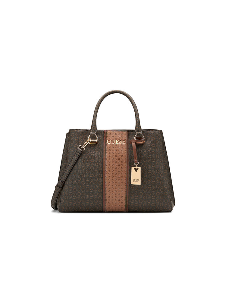 Guess Brown Printed Suma Satchel Bag-image-12
