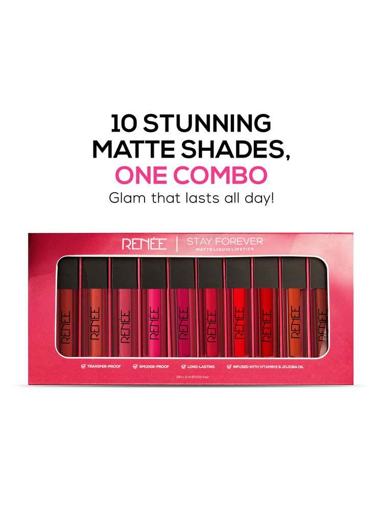 RENEE Stay Forever Matte Liquid Lipstick Combo, Long Lasting, Smudge-proof & Waterproof - Pack of 10