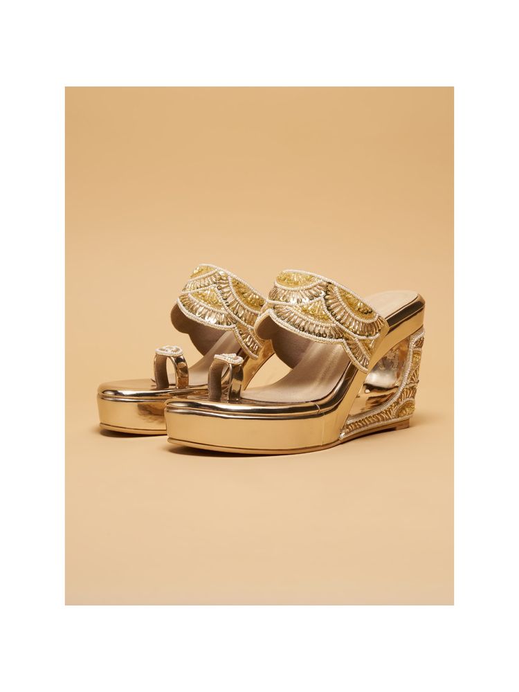 Eridani Arna Embroidered Gold Wedge Heels-image-16