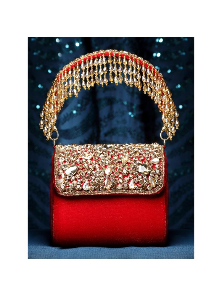 Anekaant Coffer Red & Gold Stone Work Embellished Velvet Purse Clutch-picture-14