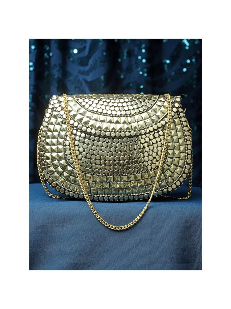 Anekaant Mosaic Gold Mosaic Embellished Metal Halfmoon Clutch-image-32