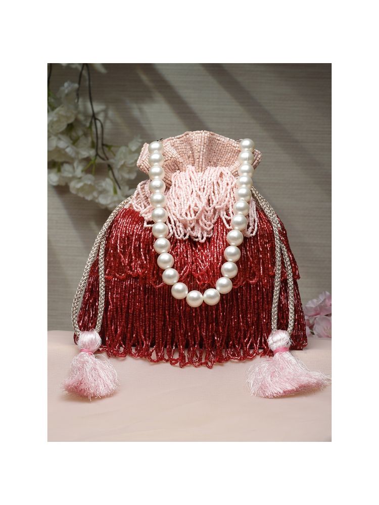 Anekaant Dangle Pink & Red Bead Work Embellished Satin Potli-image-4