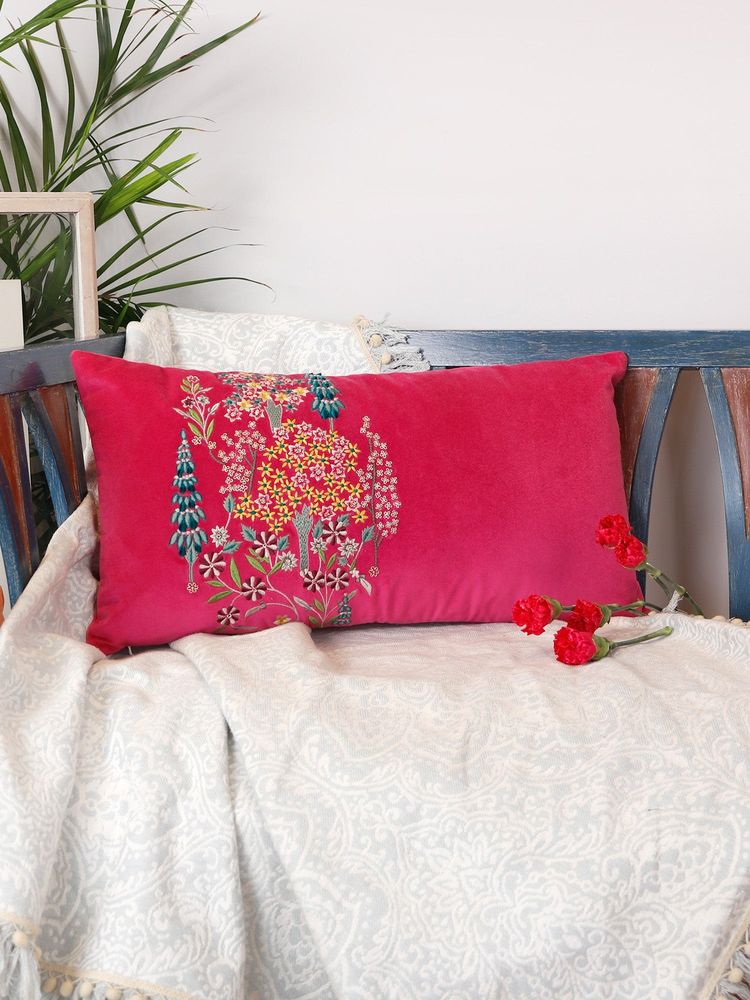 Zeba World Pink Zari Hand Embroidered Pichwai Velvet Pillow Cover (12 x 22 Inches)-image-7