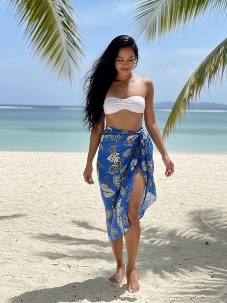 AOBA Womens Blue Leaf Printed Tie-Up Beach Sarong-picture-19
