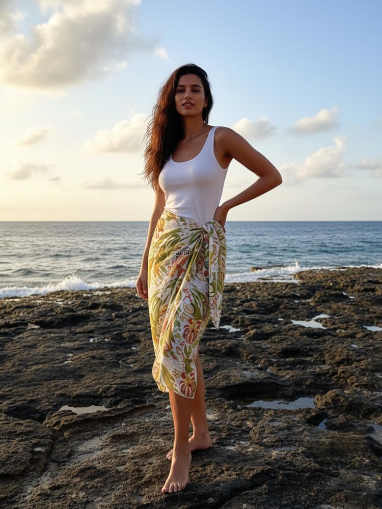 AOBA Womens Green Tropical Bloom Tie-Up Sarong-image-29