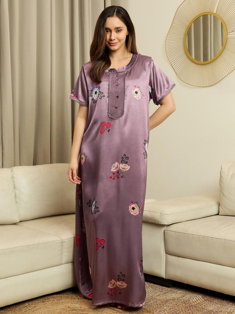 July Nightwear Womens Satin Purple Long Nighty-image-12