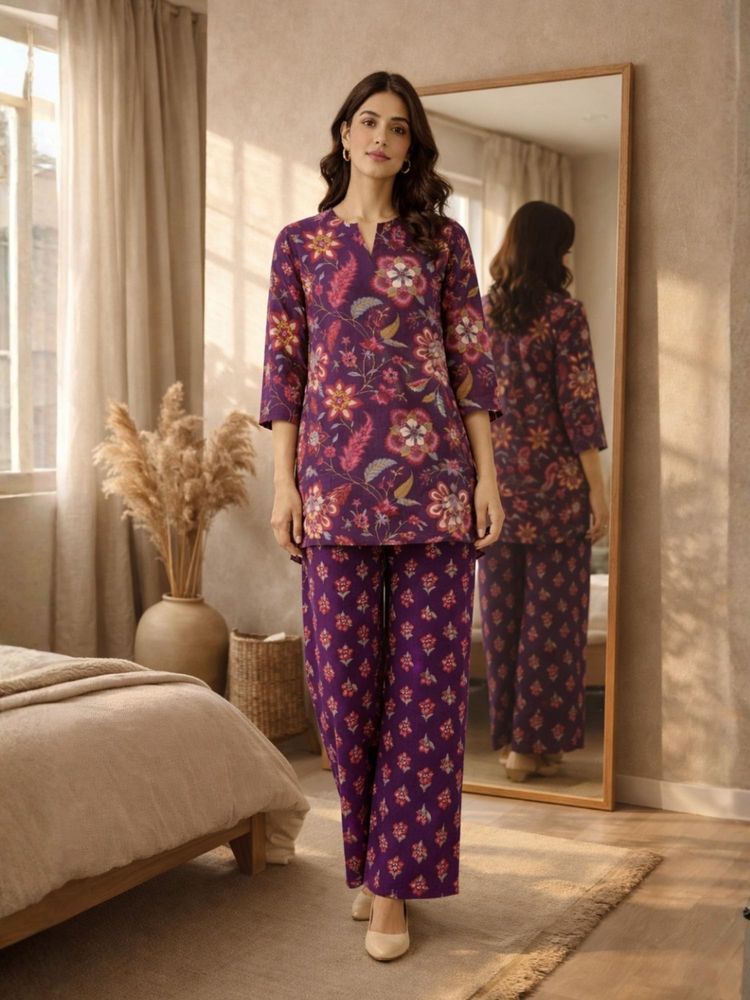FEATHERS CLOSET Womens Purple Peony Pure Cotton Round Neck Tunic & Pant-image-9