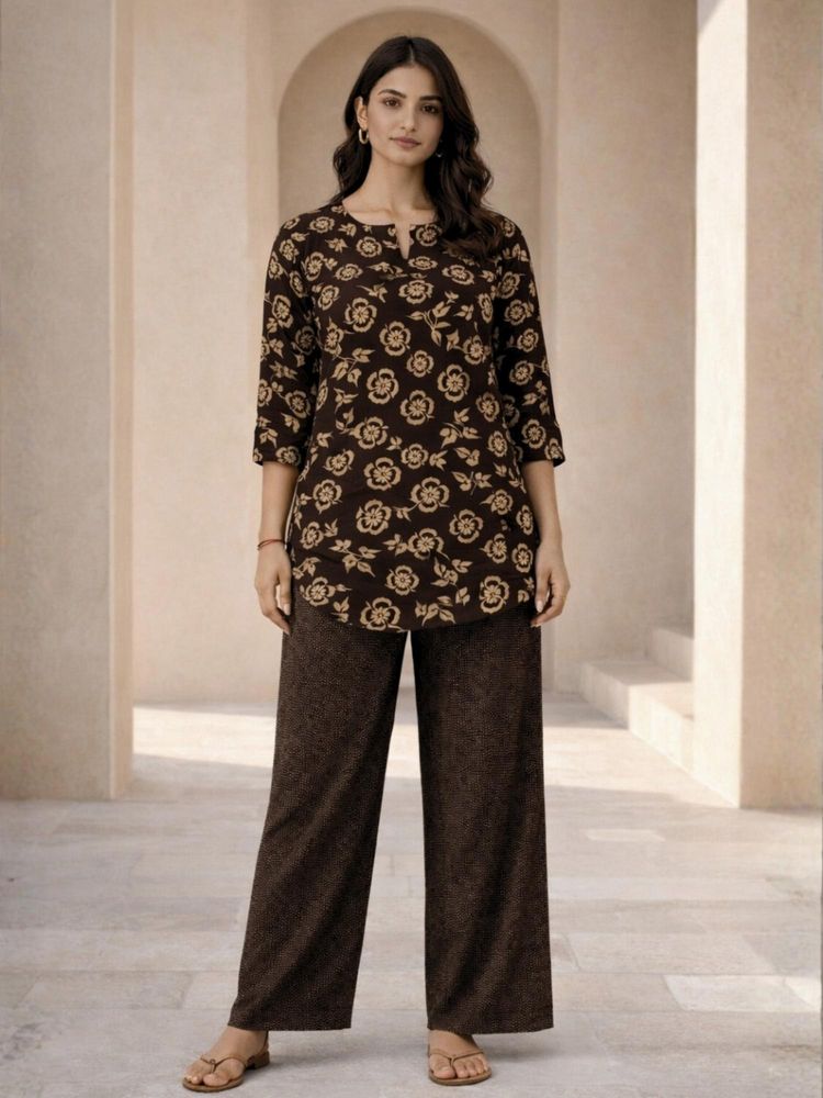 FEATHERS CLOSET Womens Brown Moonlit Pure Cotton Round Neck Tunic & Pant-image-20