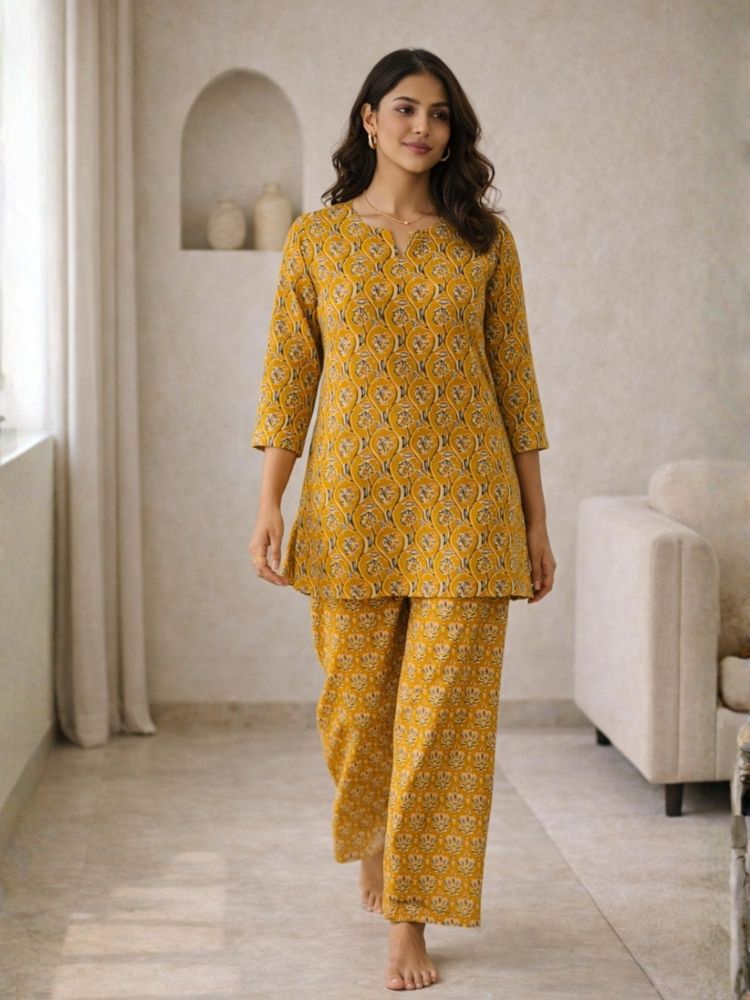 FEATHERS CLOSET Womens Yellow Petal Drift Pure Cotton Round Neck Tunic & Pant-picture-19