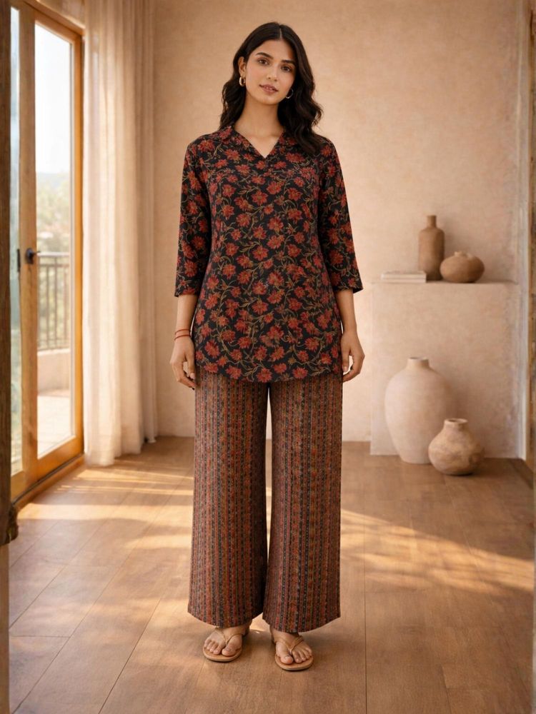 FEATHERS CLOSET Womens Black Charm Pure Cotton Collar Neck Tunic & Pant-image-12