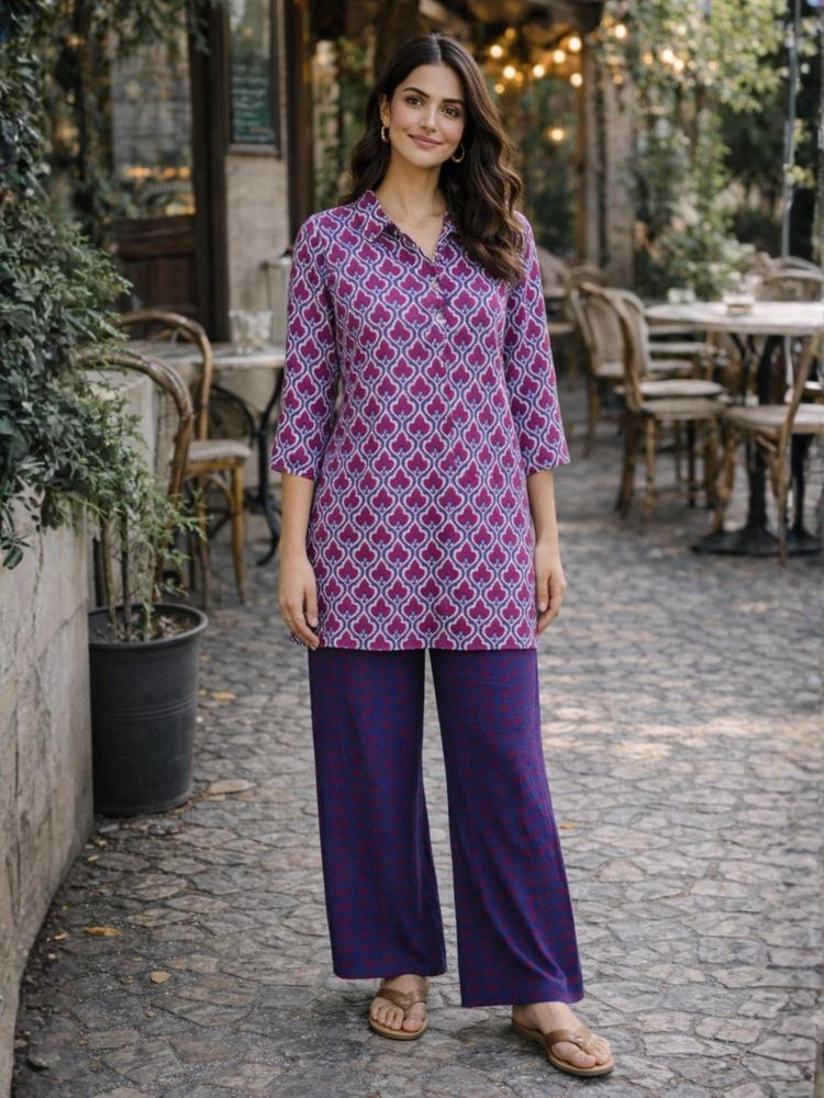 FEATHERS CLOSET Blue Heritage Pure Cotton Collar Neck Tunic & Pant-image-36