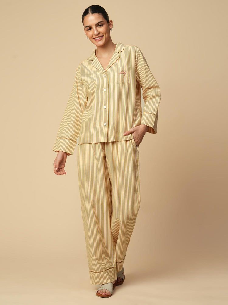 Chemistry Mustard Stripes Cotton Nightsuit Ric Rac Detailing Shirt with Pant-picture-0